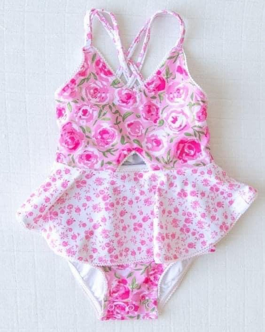 Pink floral girls one pc summer swimsuit