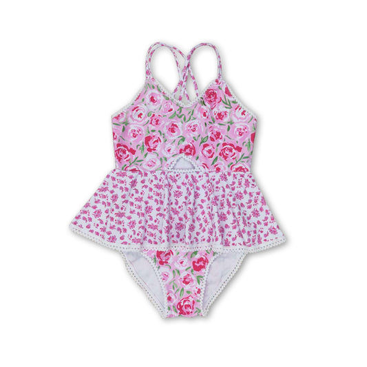 Pink floral girls one pc summer swimsuit