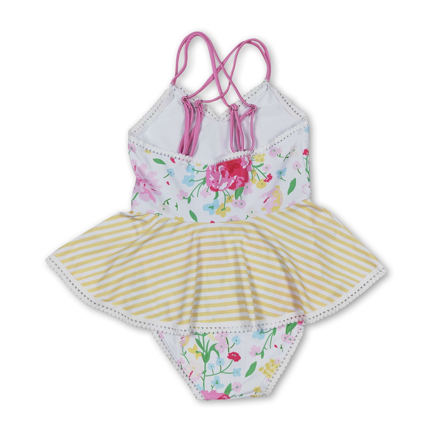 Yellow stripe floral girls one pc summer swimsuit