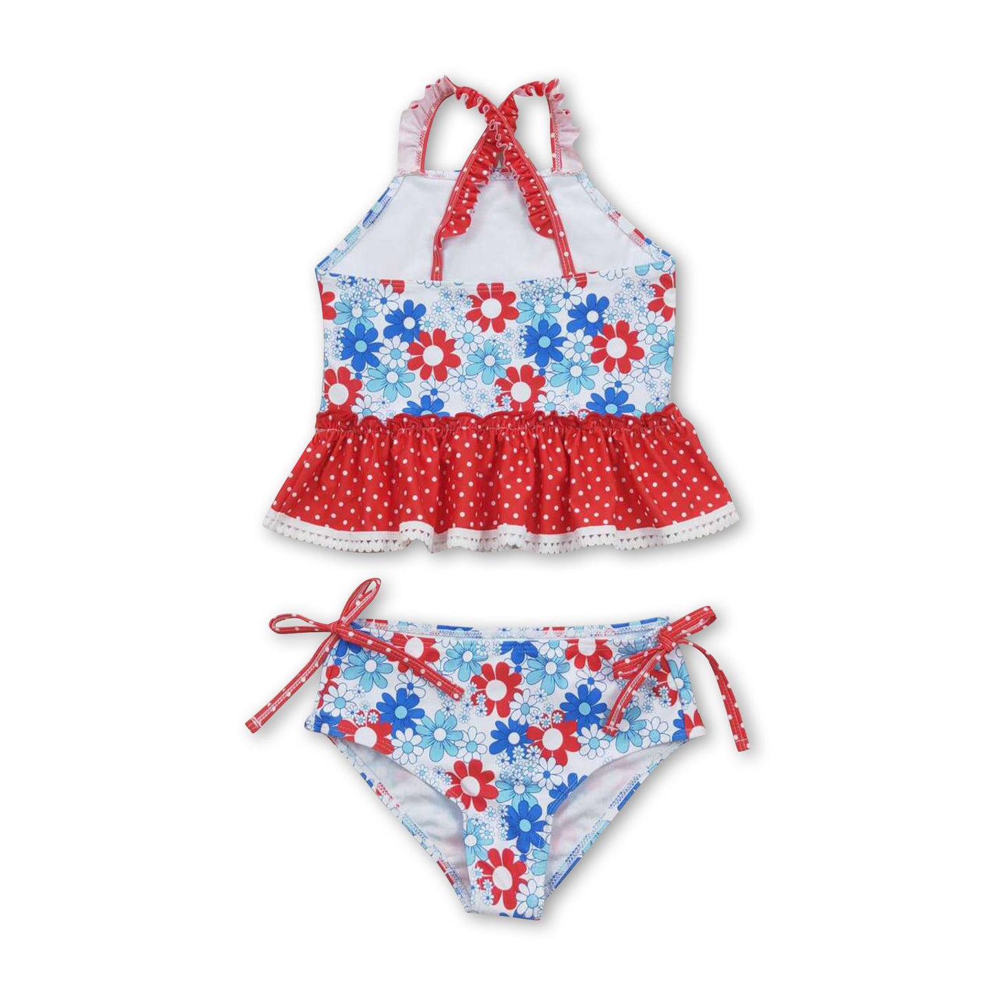 Red blue flower polka dots girls 4th of july swimsuit