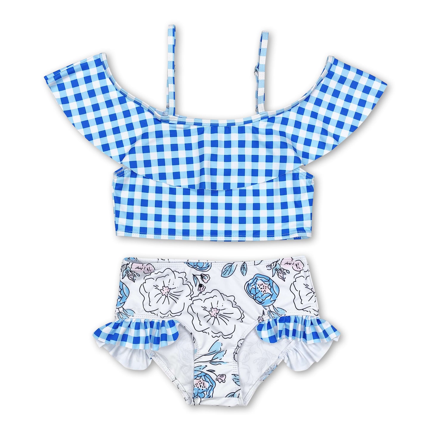 Blue plaid floral girls 2 pcs swimsuit