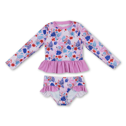 Pink long sleeves flamingo baby girls swimsuit