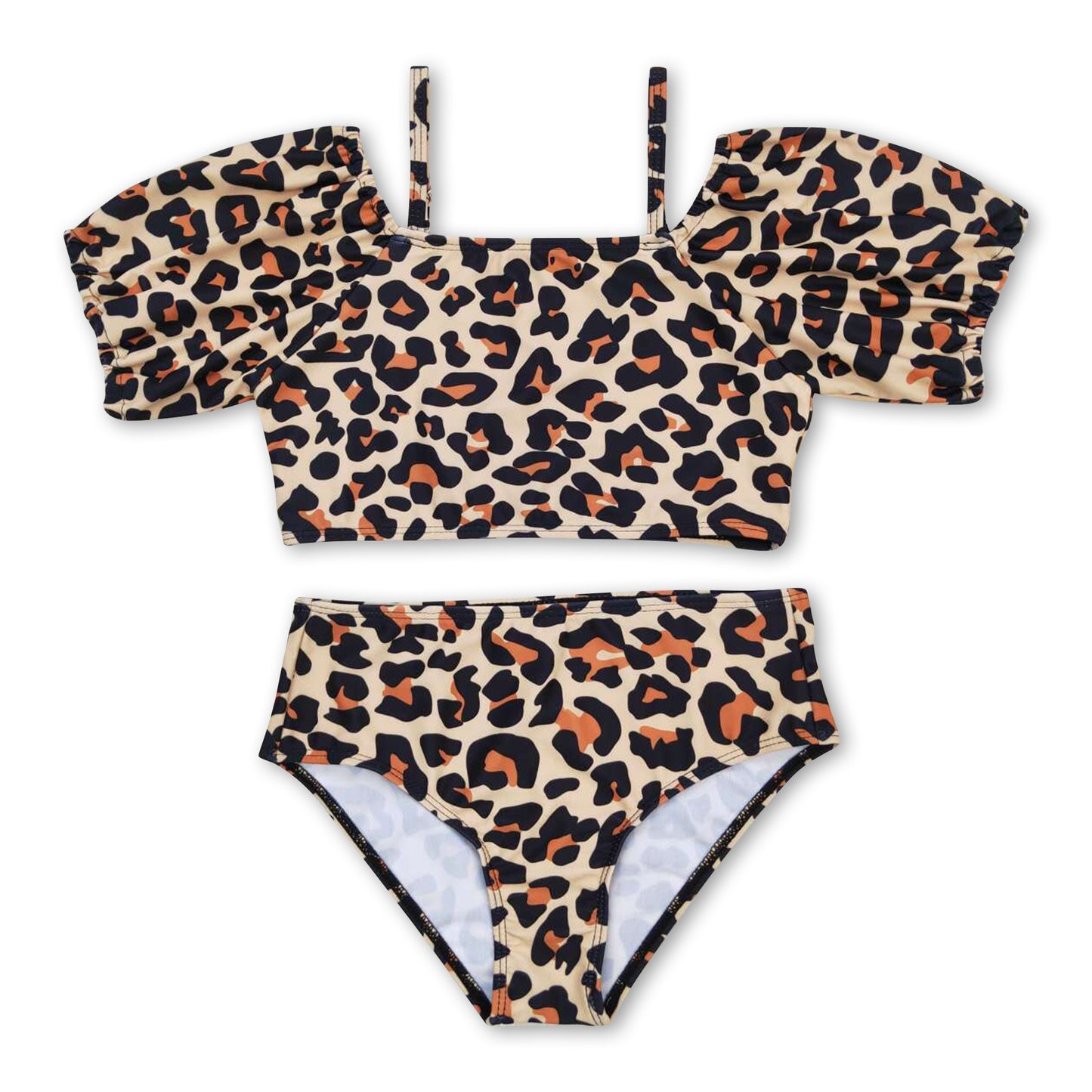 Short sleeves leopard 2 pcs girls summer swimsuit