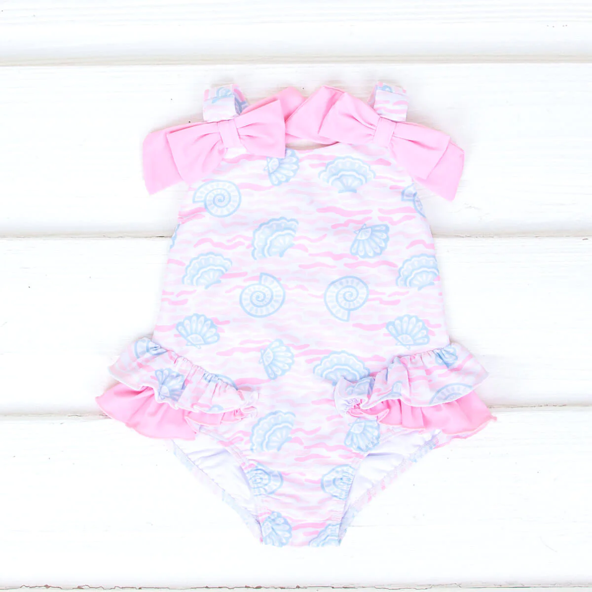 Pink bow shells one pc girls summer swimsuit
