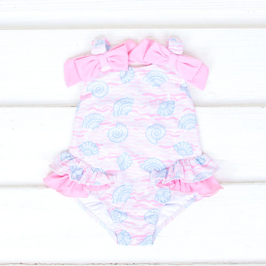 Pink bow shells one pc girls summer swimsuit