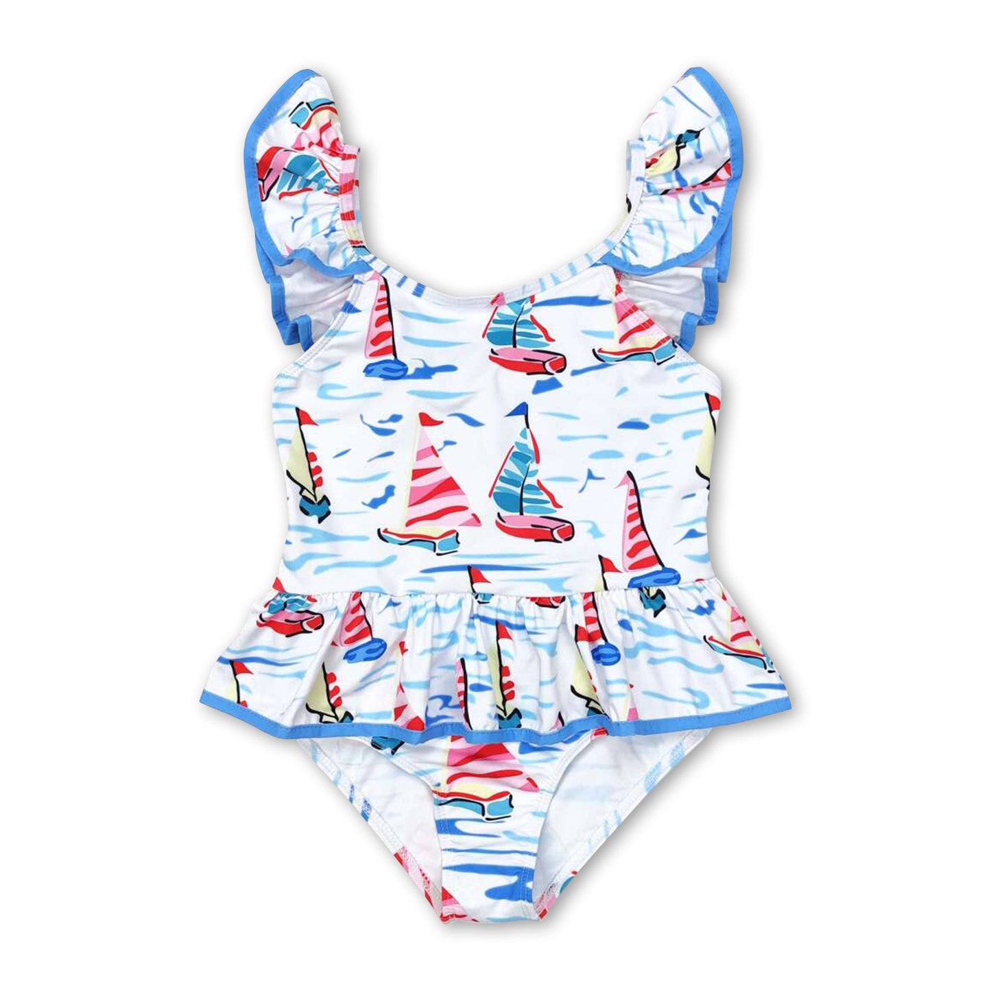 Blue sailboat flutter sleeves one pc baby girls swimsuit