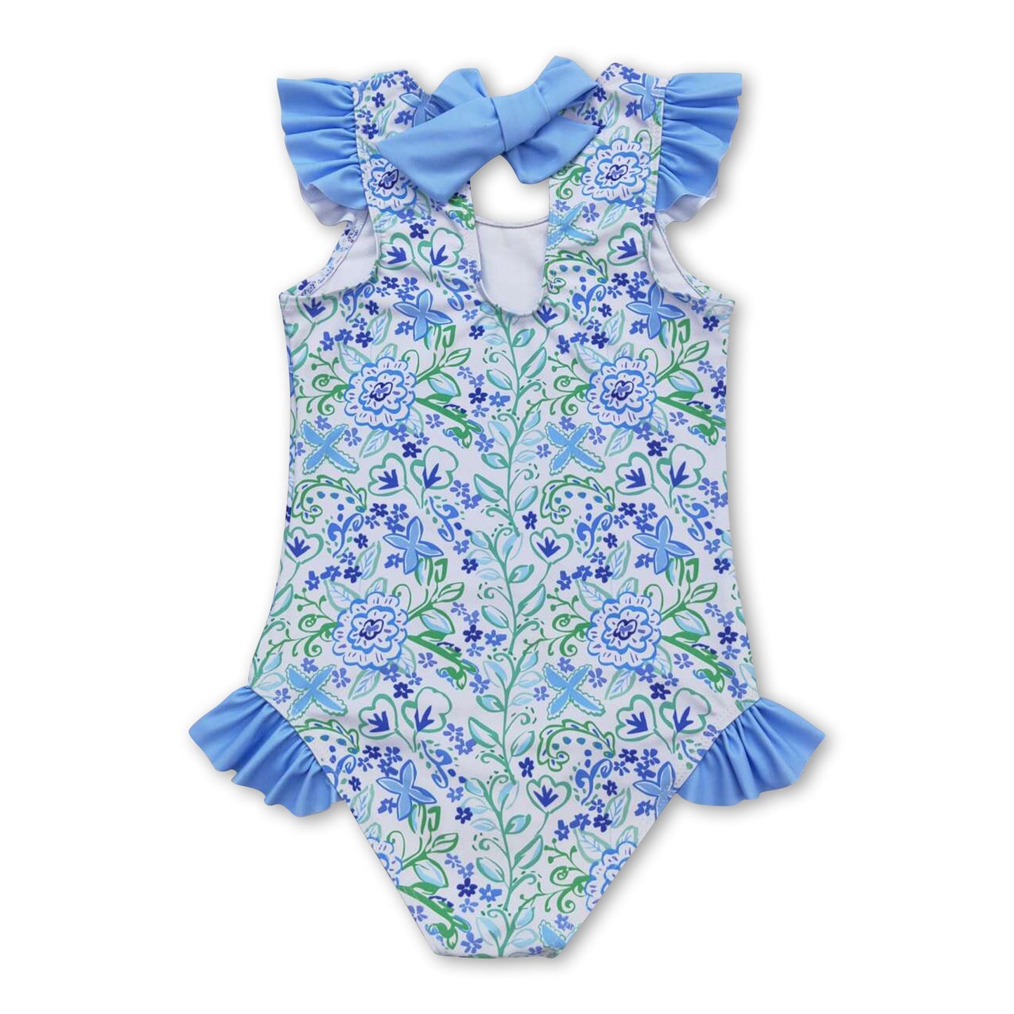 Light blue green floral girls one pc swimsuit