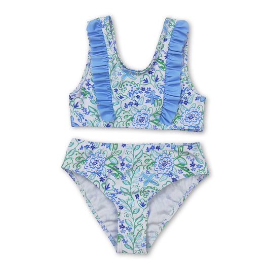 Light blue green floral 2pcs girls summer swimsuit