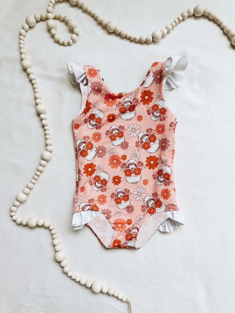 Flutter sleeves floral skull baby girls swimsuit