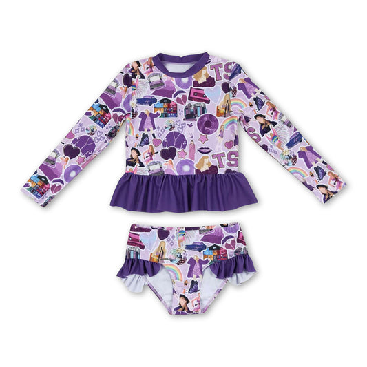 Purple long sleeves rainbow 2 pcs singer girls swimwear