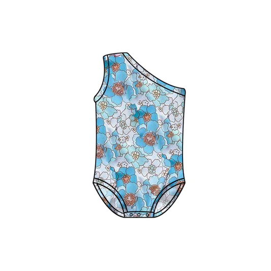 One shoulder blue flower baby girls summer swimsuit