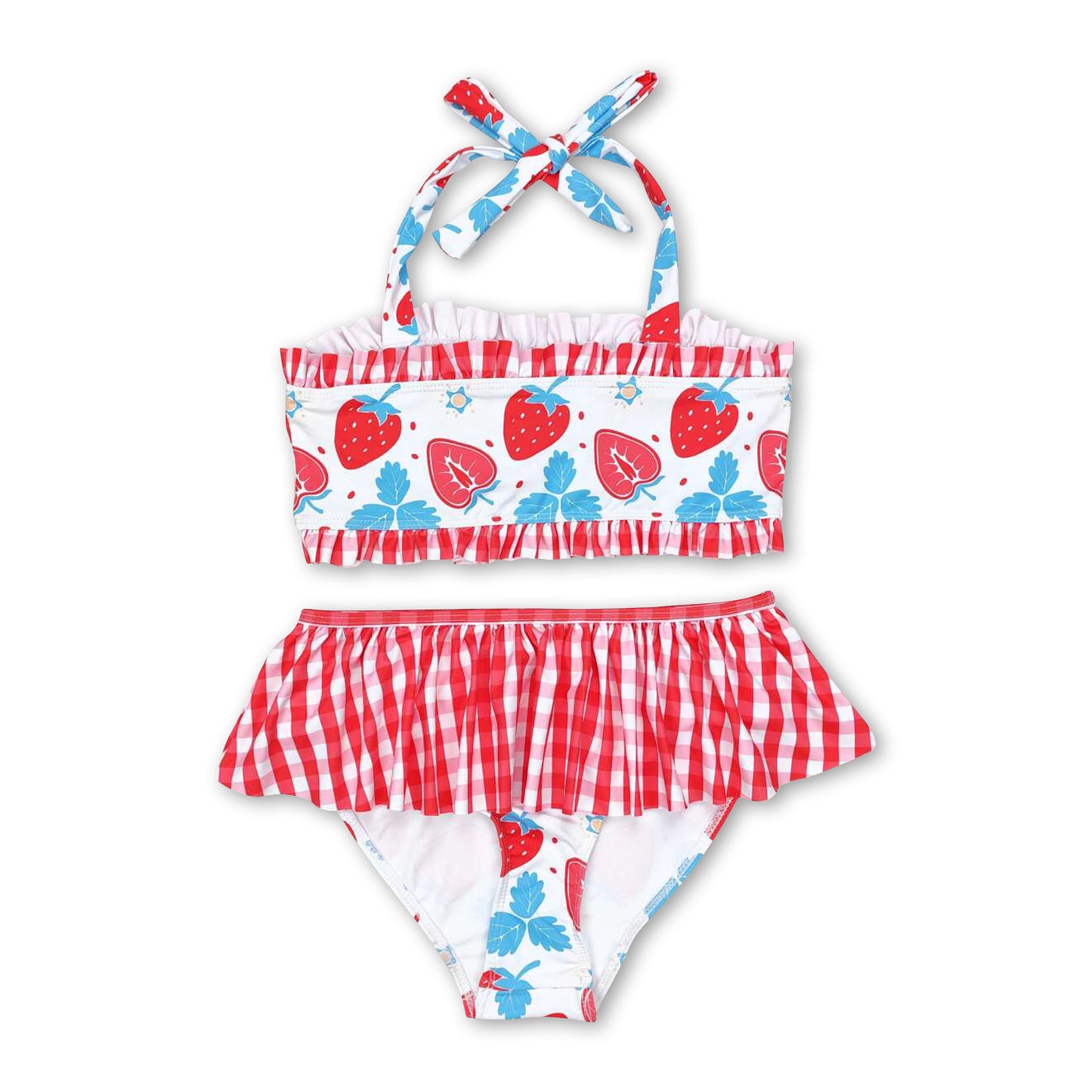 Strawberry plaid two pieces girls summer swimwear