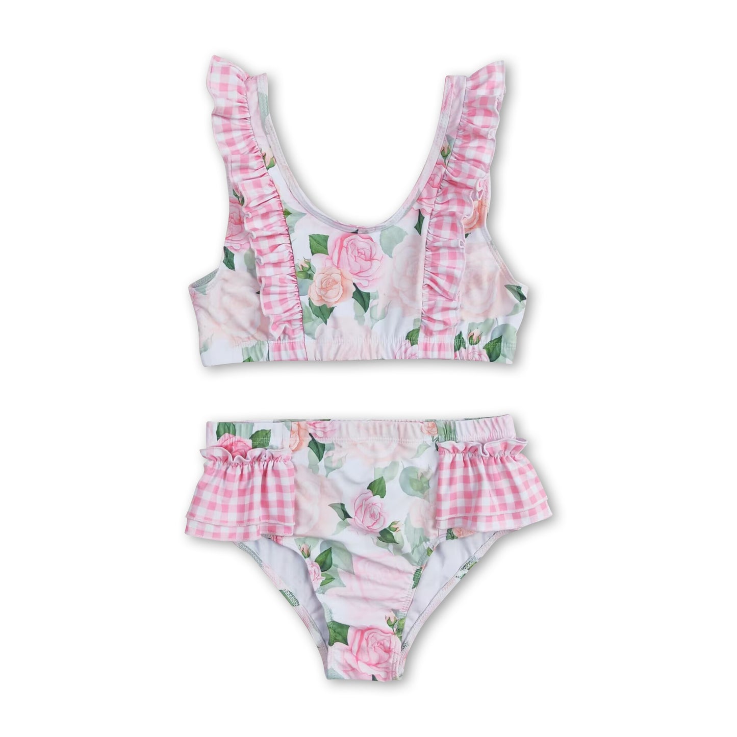 Pink plaid ruffle floral two pieces girls summer swimsuit