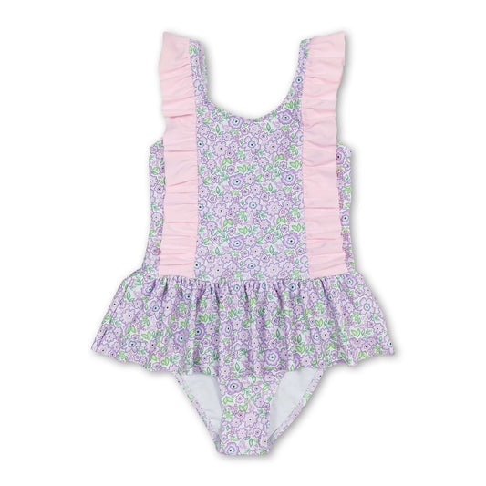 Pink ruffle floral one piece baby girls swimsuit