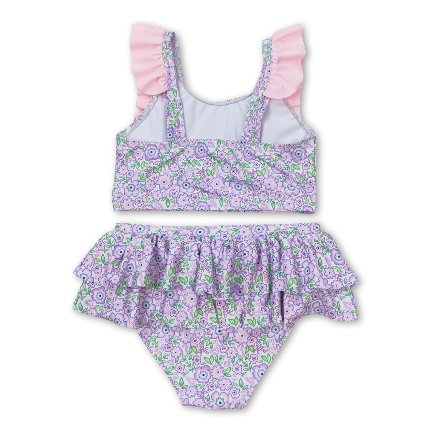 Pink ruffle floral two pieces baby girls swimsuit