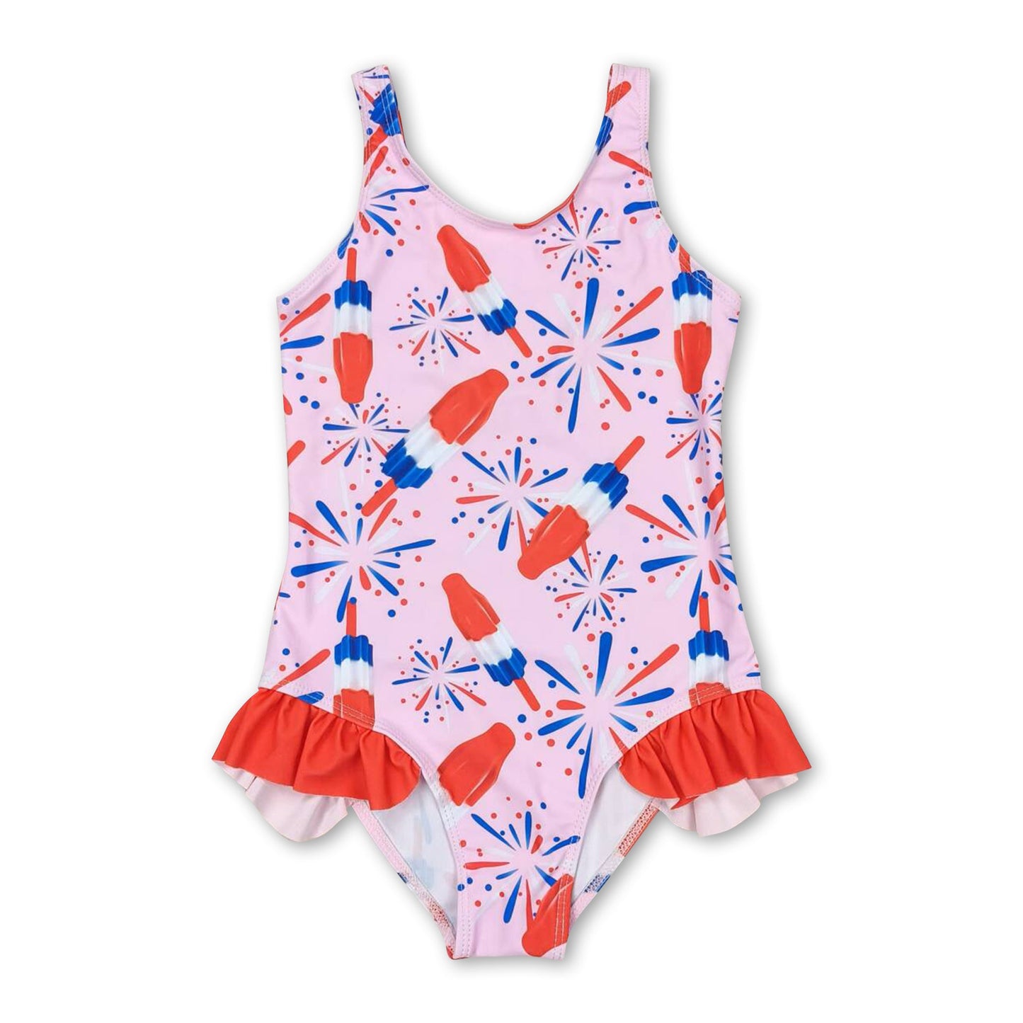 Sleeveless pink popsicle firework girls 4th of july swimsuit