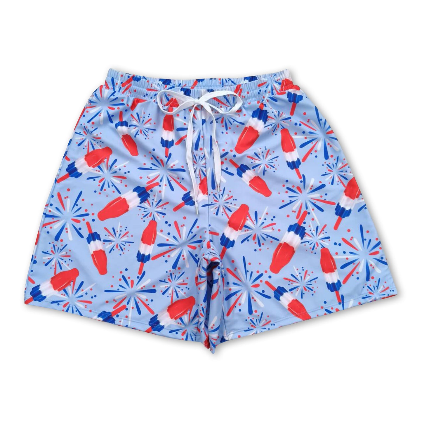 Blue firework popsicle adult men 4th of july swim trunks