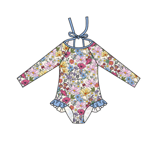 Long sleeves floral baby girls summer swimsuit