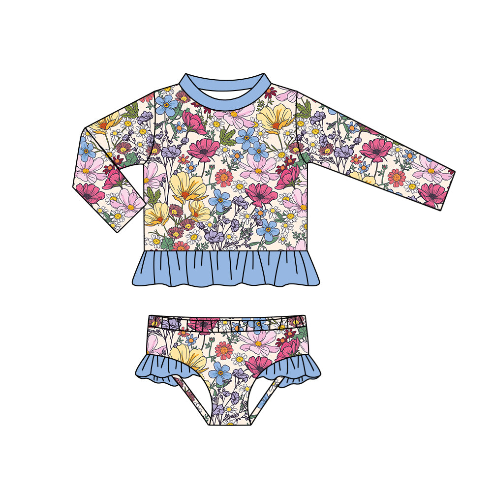 Long sleeves floral two pieces girls summer swimsuit