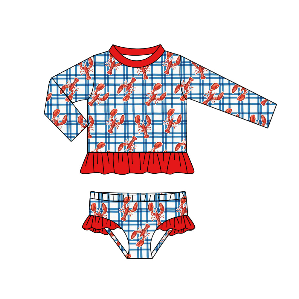 Long sleeves plaid crawfish kids girls summer swimsuit