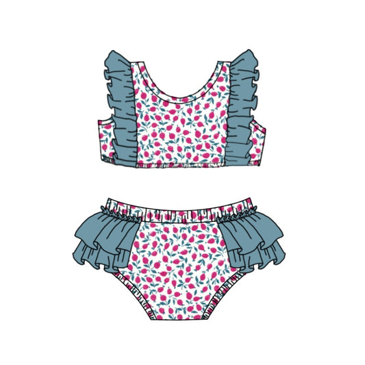 Hot pink floral ruffle two pieces girls summer swimsuit