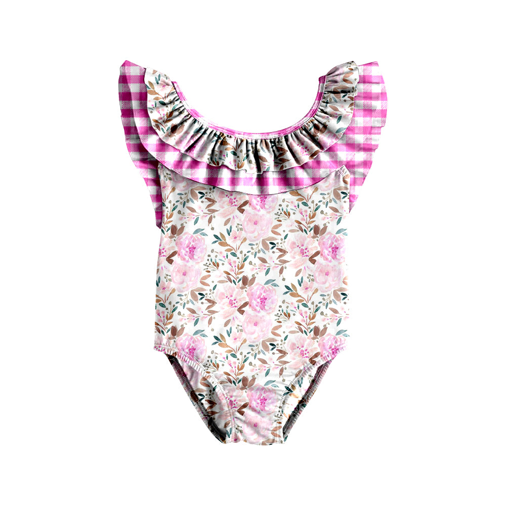 Pink plaid floral one piece kids girls swimsuit