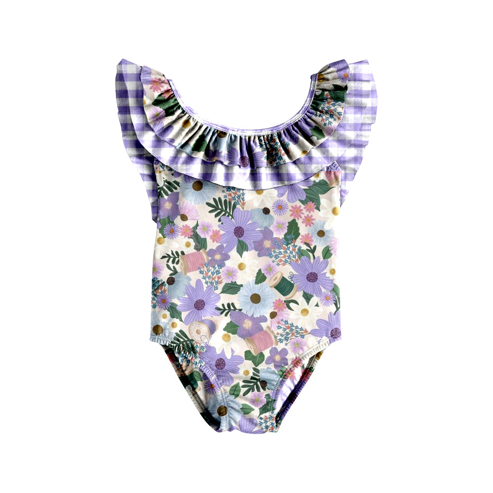 Lavender plaid floral one piece kids girls swimsuit