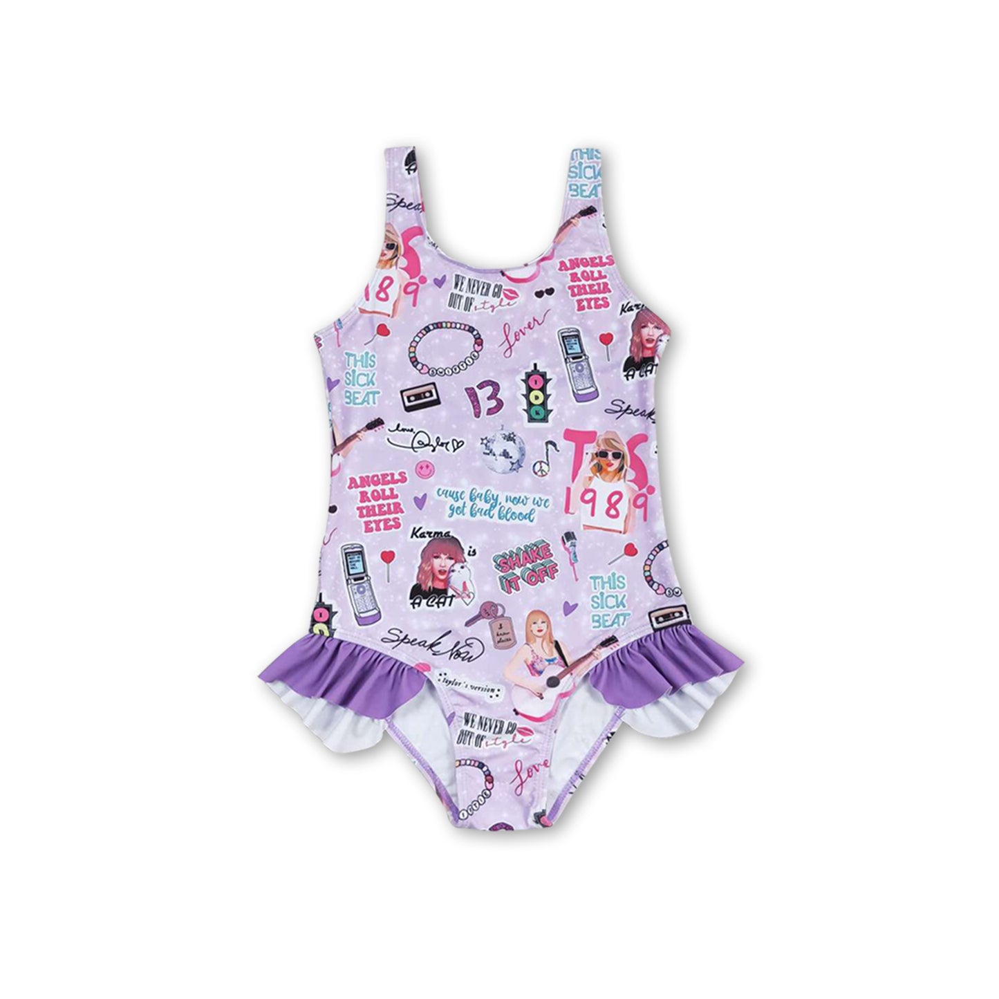 Purple sleeveless guitar smile one piece singer girls swimsuit