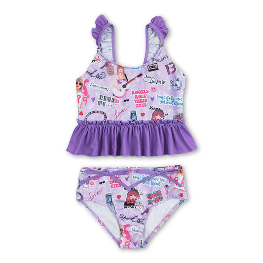 Purple guitar smile two pieces singer girls swimsuit