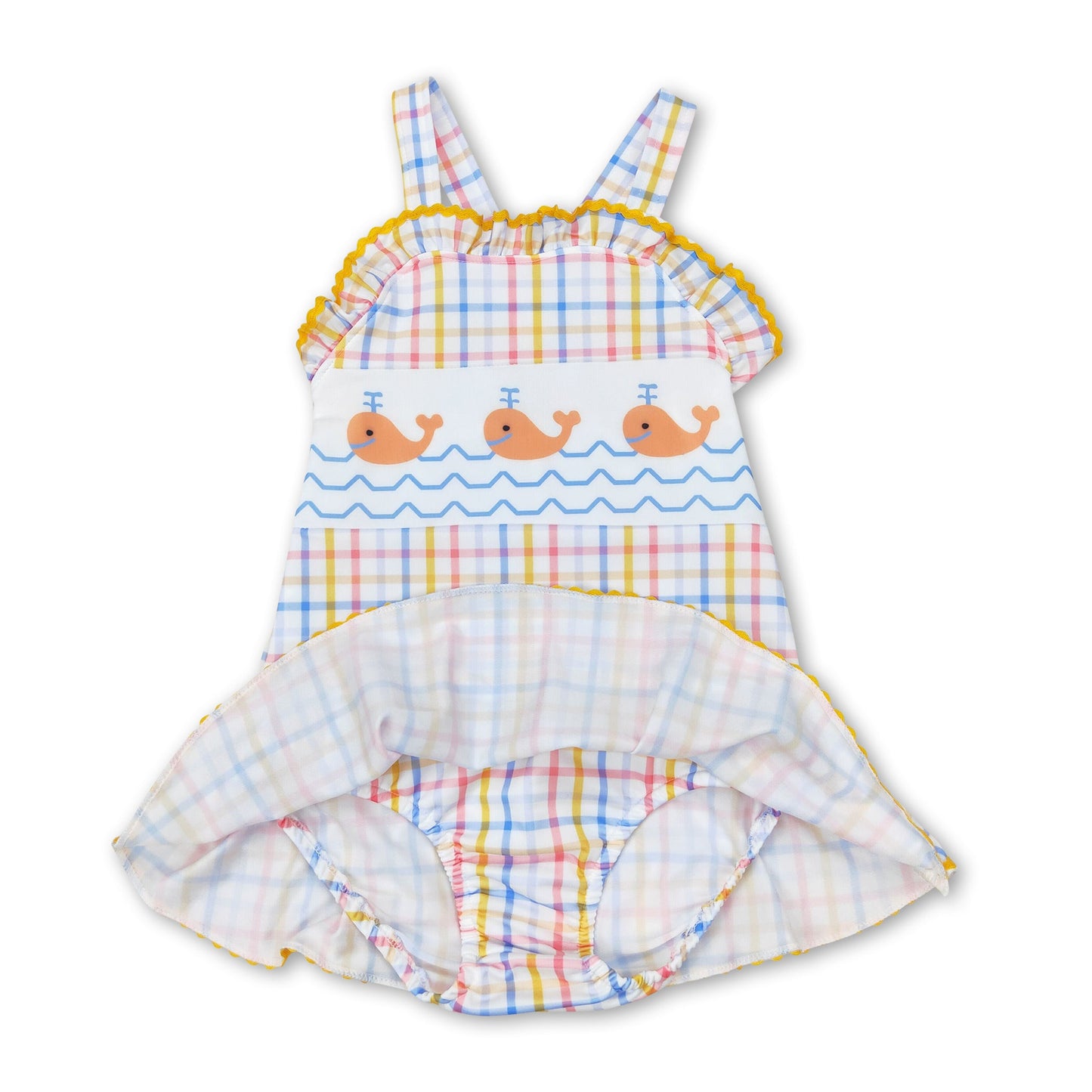 Blue yellow plaid whale baby girls summer swimsuit