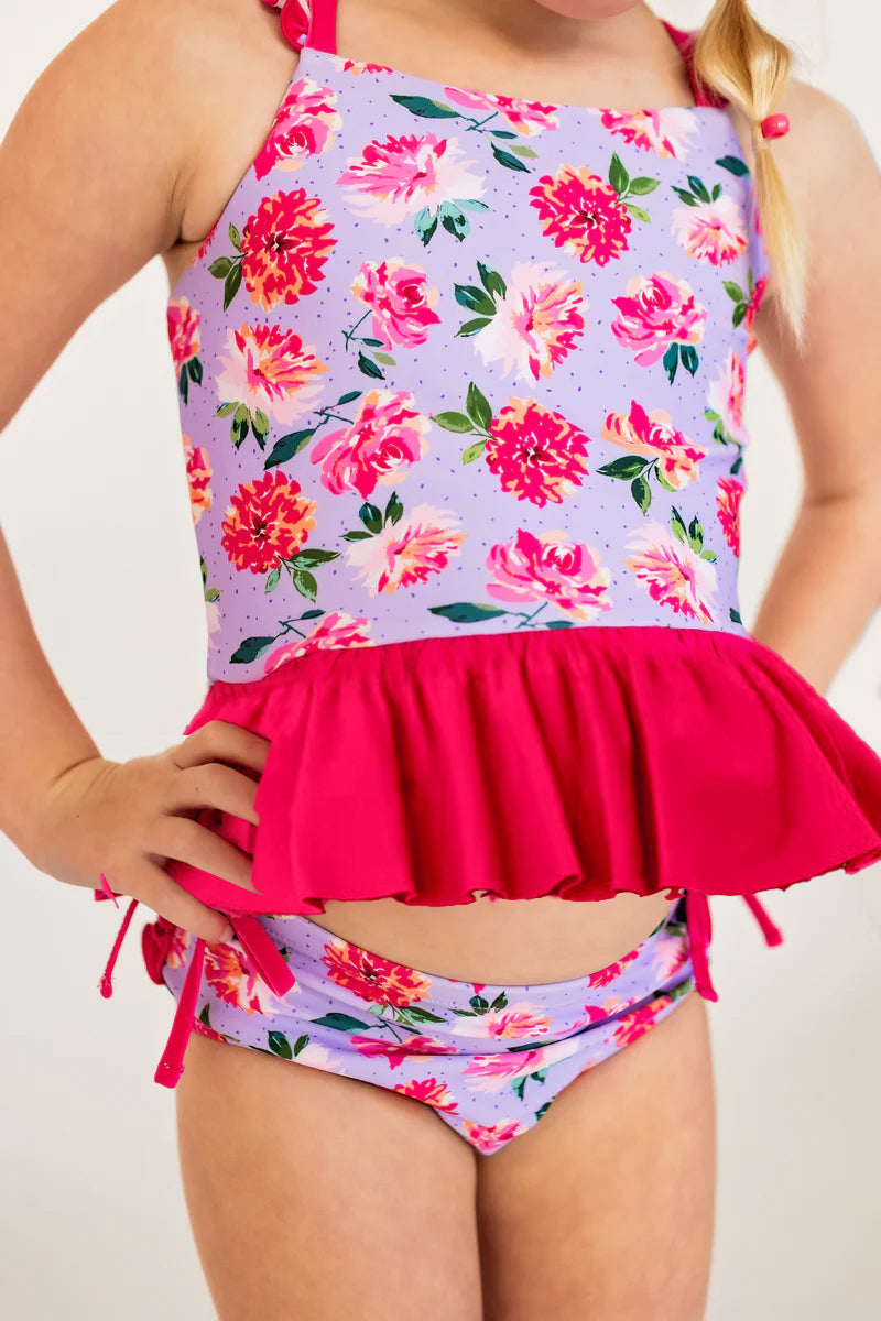 Hot pink floral ruffle girls two pieces summer swimsuit