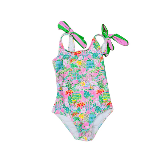 Sleeveless pink watercolor girls one piece swimsuit