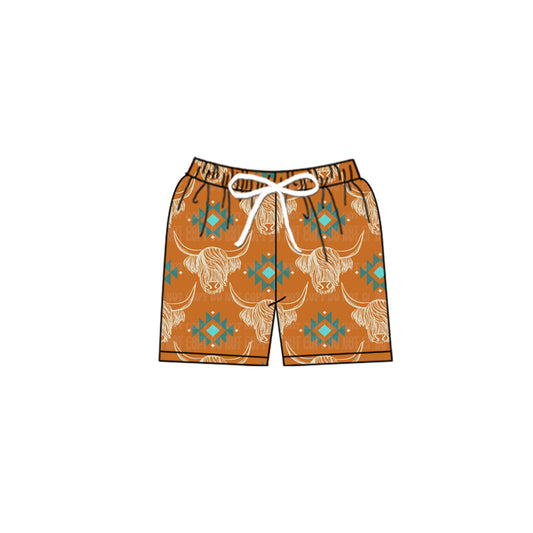 Highland cow aztec western kids boys summer swim trunks