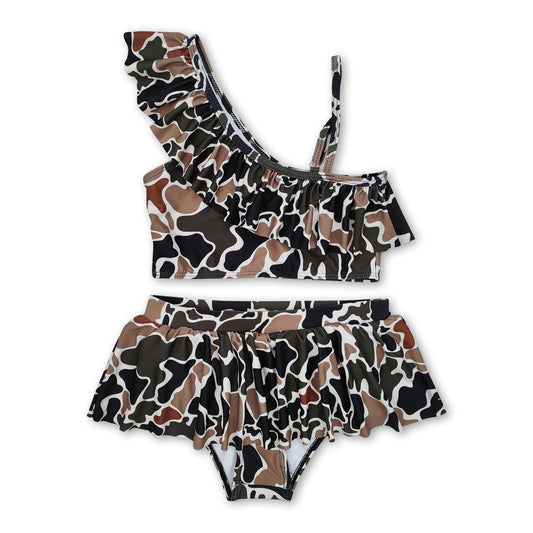 Brown camo ruffle kids girls two pieces swimsuits