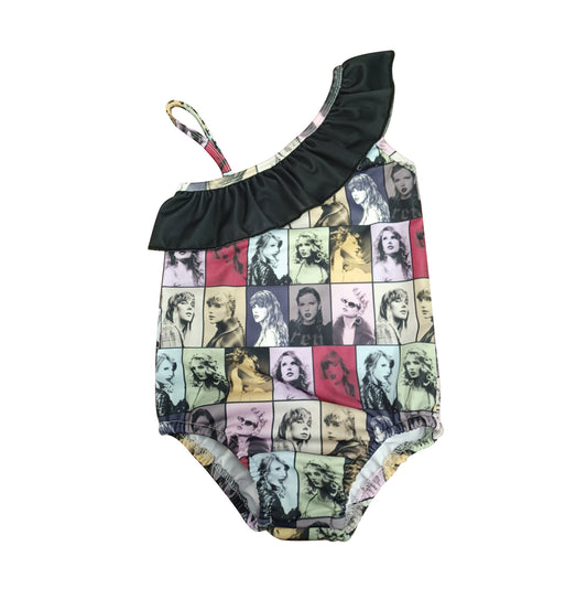 Black ruffle patchwok singer girls summer swimsuit