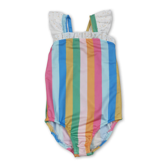 Flutter sleeves colorful stripe baby girls swimsuit