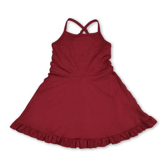 Maroon straps ruffle kids girls athletic dresses