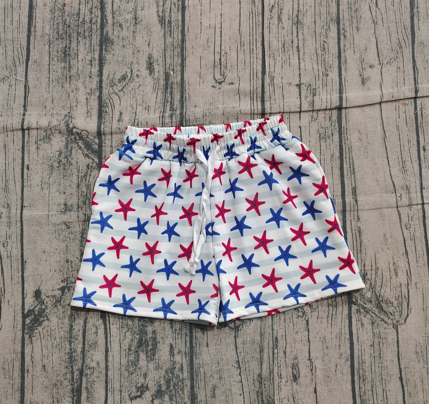 Red blue starfish stripe kids boys 4th of july swim trunks