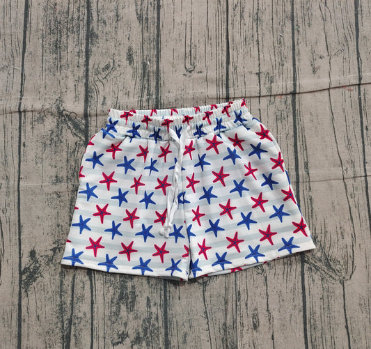Red blue starfish stripe kids boys 4th of july swim trunks