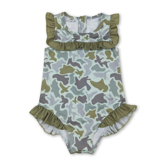Ruffle camo duck hunting baby girls one piece swimsuit
