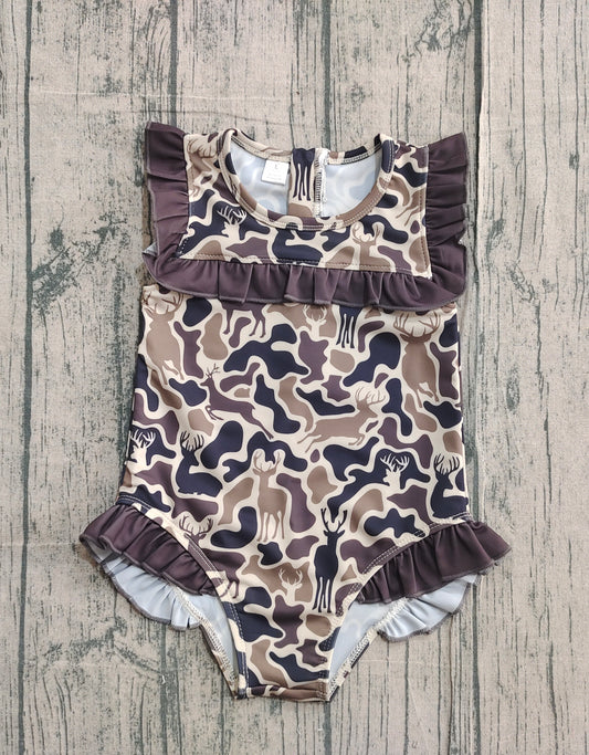 Ruffle camo deer hunting baby girls one piece swimsuit