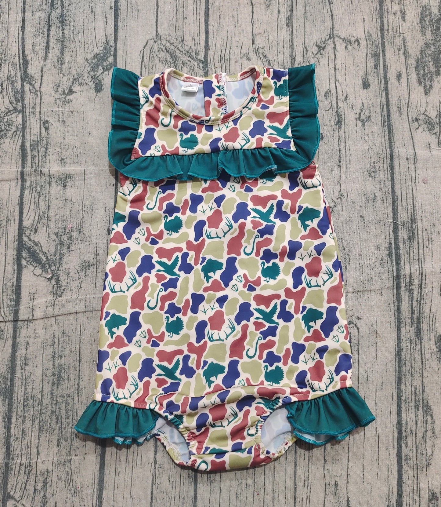 Ruffle camo deer duck fishing hunting baby girls swimsuit