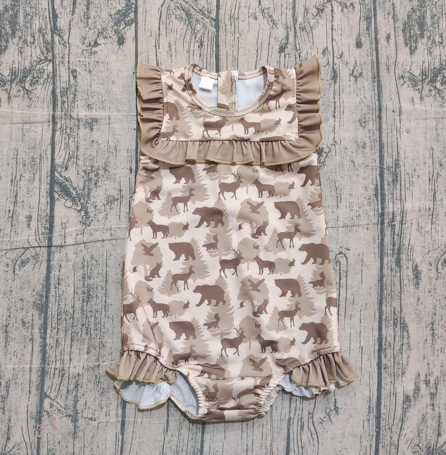 Ruffle deer duck dog bear hunting baby girls swimsuit