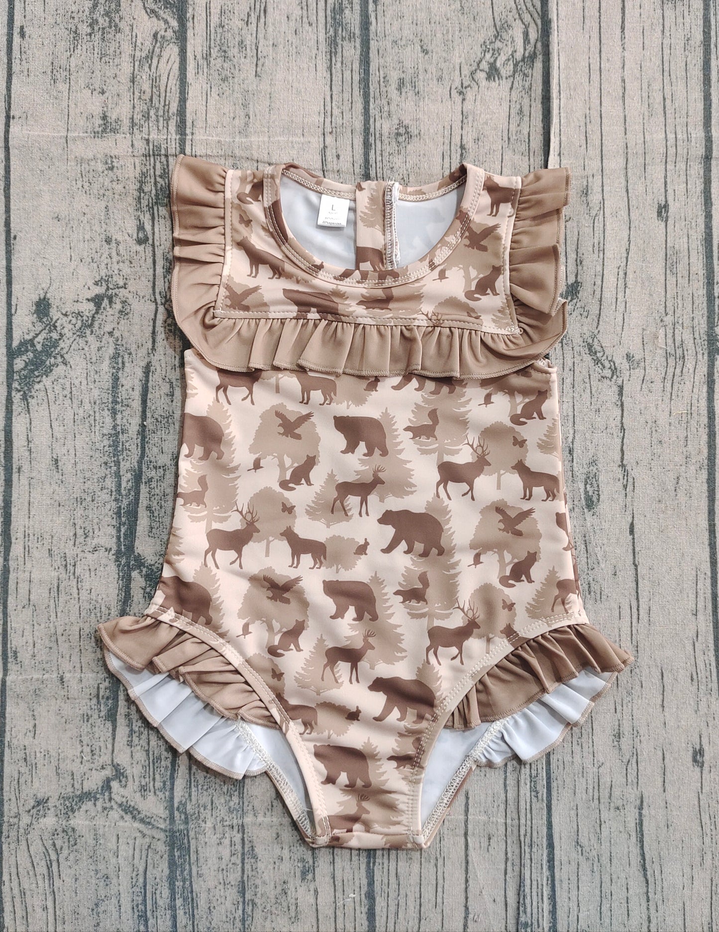 Ruffle deer duck dog bear hunting baby girls swimsuit