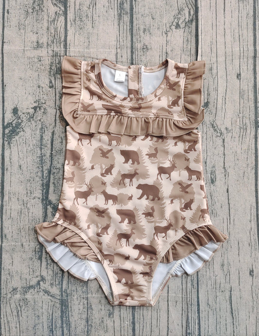 Ruffle deer duck dog bear hunting baby girls swimsuit