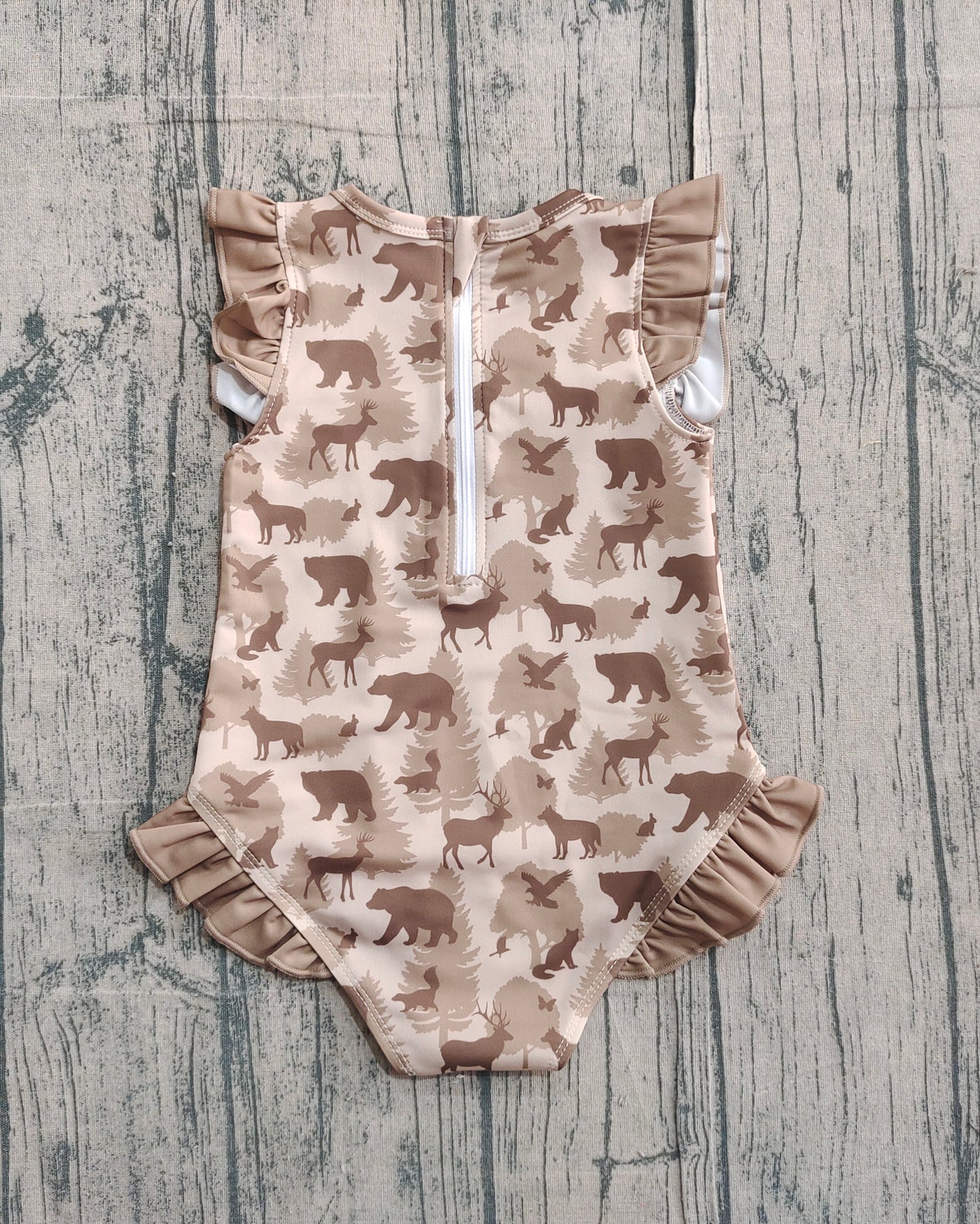 Ruffle deer duck dog bear hunting baby girls swimsuit
