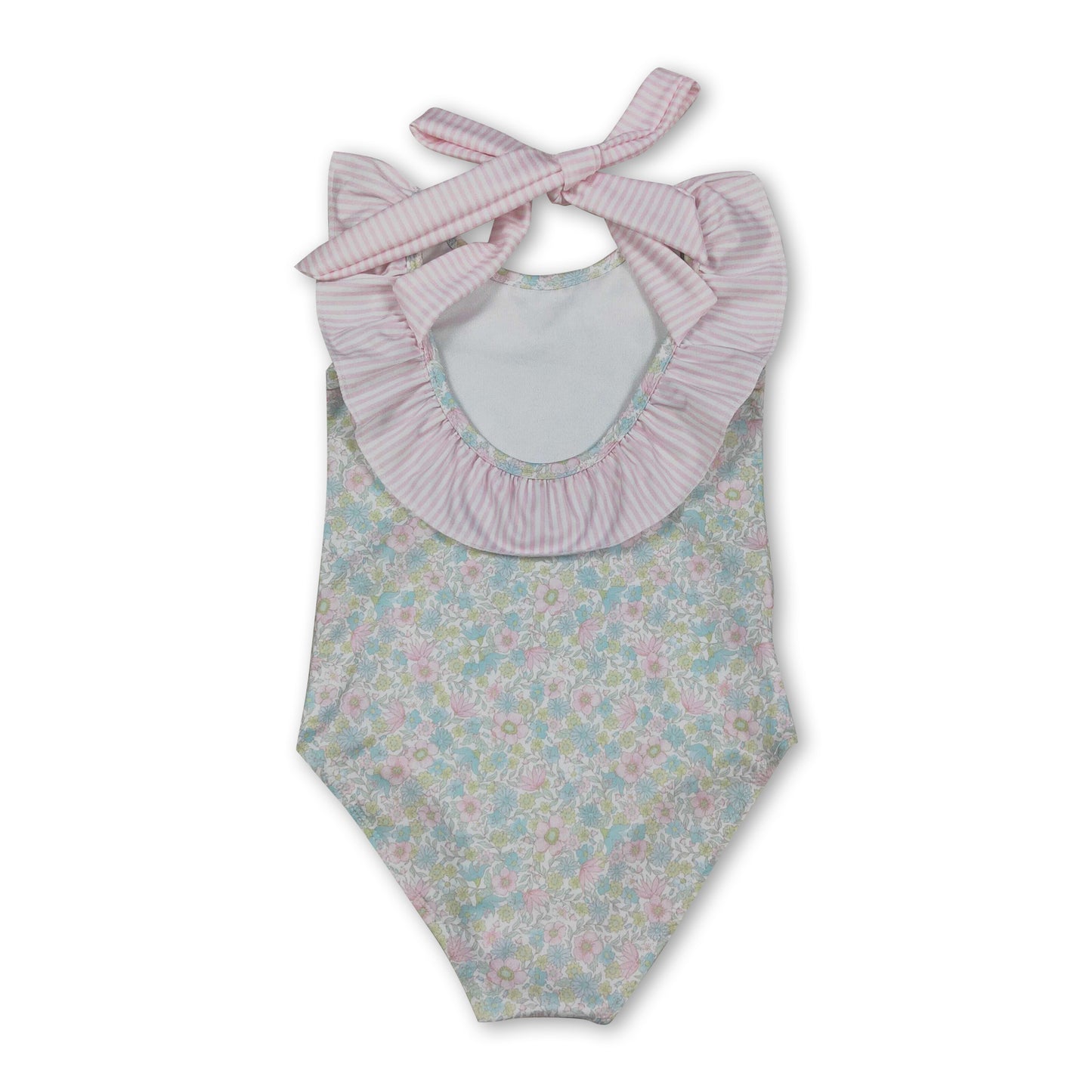 Sleeveless pink stripe ruffle floral girls one piece swimsuit