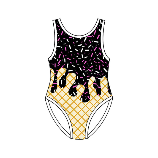 Sleeveless black ice cream sprinkle girls one piece swimsuit