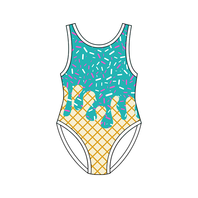 Sleeveless mint ice cream sprinkle girls one piece swimsuit