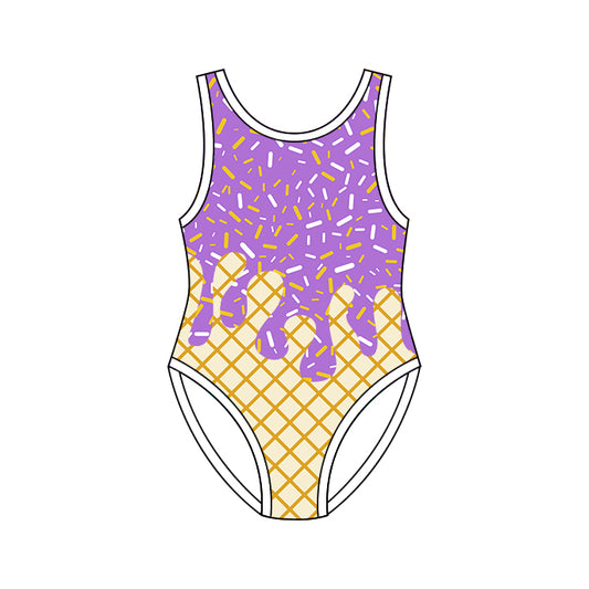 Sleeveless lalvender ice cream sprinkle girls one piece swimsuit